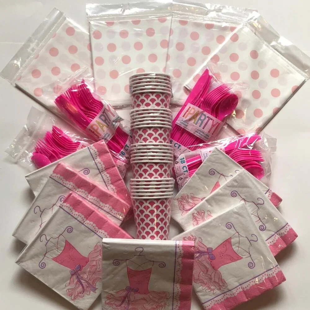 Pink Party Bundle, Pink, Purple & White, Napkins, Cups, Cutlery, Tablecovers